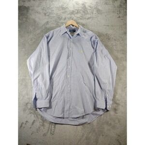 Ralph Lauren Shirt Men's L‎ 17.5 Blue Plaid Classic Fit 100% Cotton Yellow Pony
